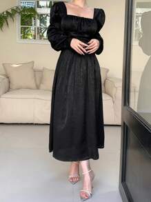DAZY 纯色灯笼袖方领收腰连衣裙 - 黑色 - 查看 4
