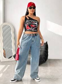 SHEIN Coolane 單肩摩托手上衣 - 黑色 - 查看 7