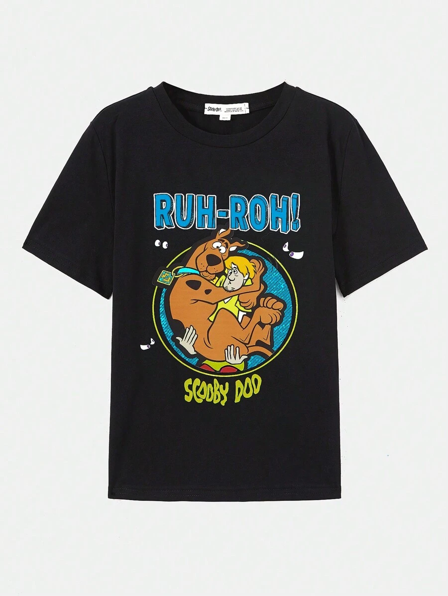 SCOOBY-DOO X SHEIN Tween Boy Cartoon And Letter Graphic Tee - Black - View 1