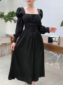 DAZY 纯色灯笼袖方领收腰连衣裙 - 黑色 - 查看 1
