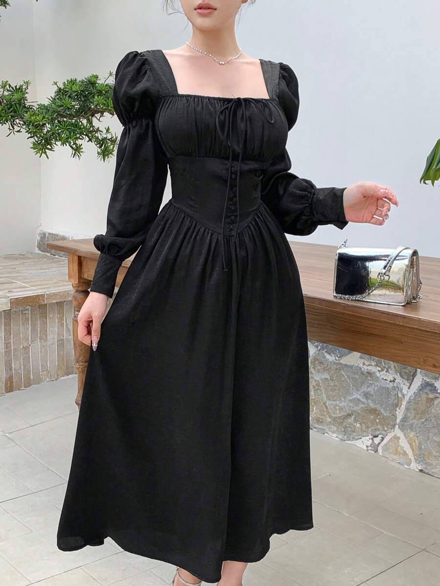 DAZY 纯色灯笼袖方领收腰连衣裙 - 黑色 - 查看 1