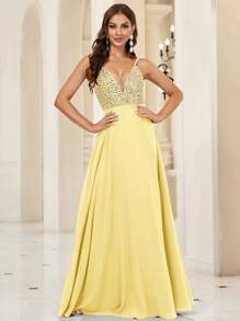 SHEIN Belle Khối màu Dây đai mỏng Đầm - Màu vàng - Xem 2