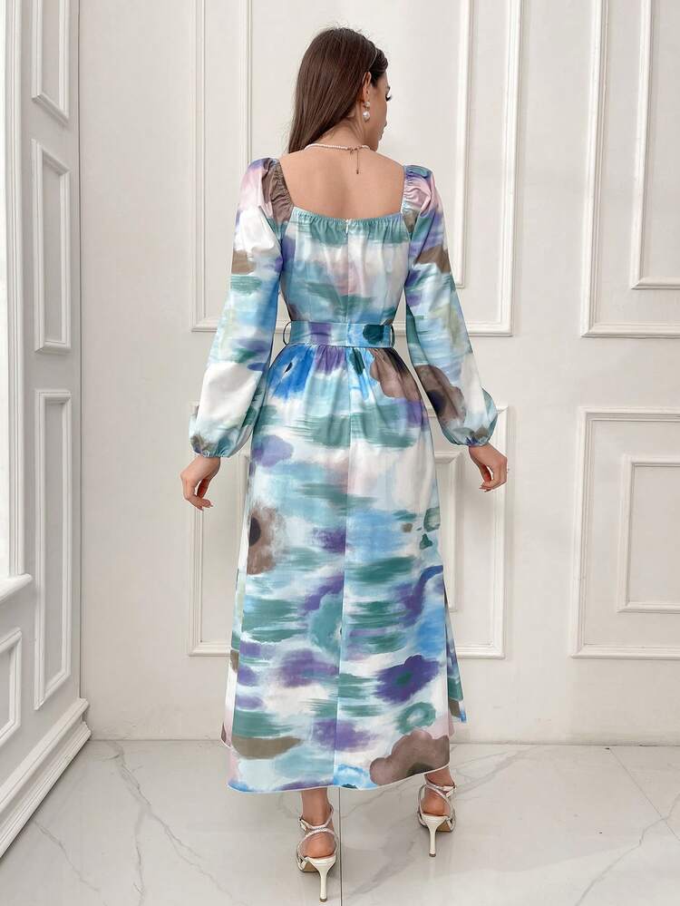 Ladies' Square Neck Tie Dye Pleated Lantern Sleeve Dress Fall Cloth For Women