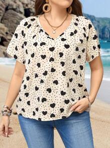 EMERY ROSE Blusa de manga corta con estampado de corazón y lunares para mujer de talla grande en verano