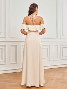 SHEIN Belle Women's Romantic Elegant Apricot Skin-Friendly Woven Fabric Suspender Belt Off-Shoulder Neckline With Ruffles A-Line Bridesmaid Dress - Apricot - View 2