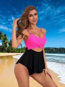 SHEIN Swim Women's Color Block Hollow Out Front Tankini With Spaghetti Straps Summer - Multicolor - View 3