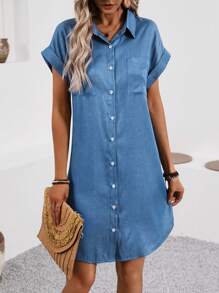 Wandoria Women's Solid Color Batwing Sleeve Front Buttoned Dress - Blue - View 5