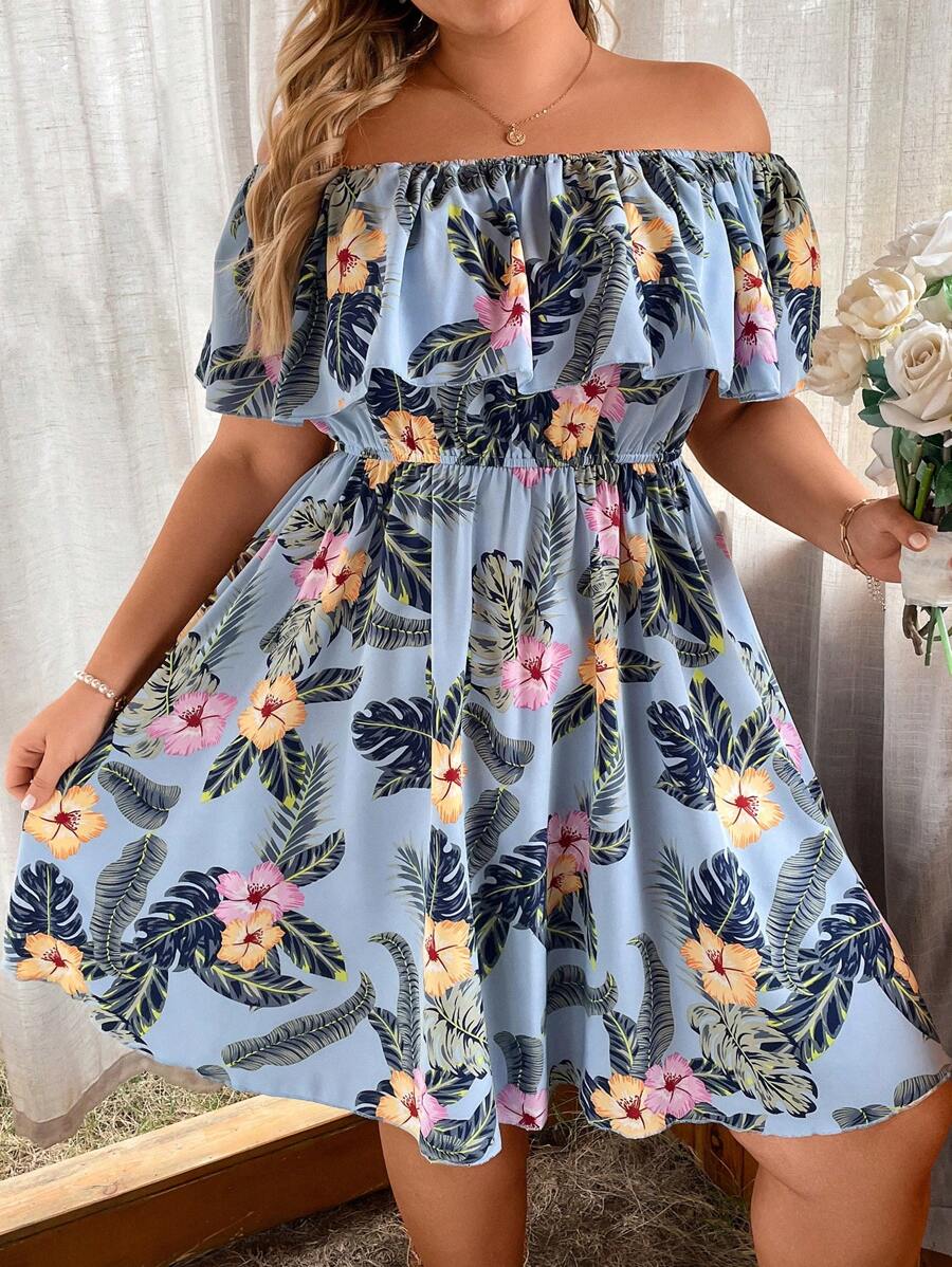 SHEIN Holidaya 大码波西米亚风热带印花露肩连衣裙，适合夏季 - 藍色 - 查看 1