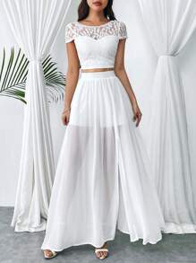 SHEIN Privé Của phụ nữ Ren Áo thun Và Bông tuyết Chiffon Váy chữ A Trắng 2 Miếng Bộ Cho đám cưới Mùa Và Thanh lịch Kỳ nghỉ - trắng - Xem 1