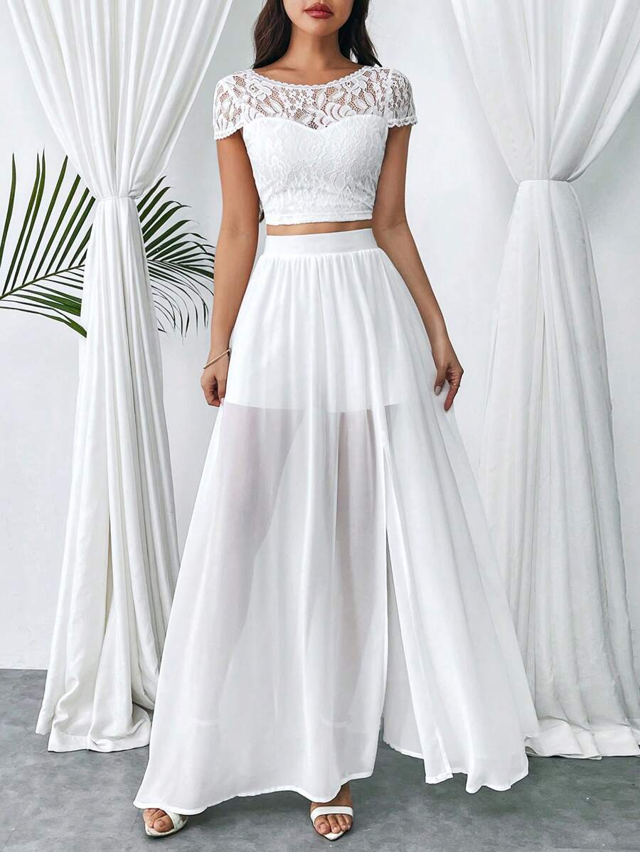 SHEIN Privé Của phụ nữ Ren Áo thun Và Bông tuyết Chiffon Váy chữ A Trắng 2 Miếng Bộ Cho đám cưới Mùa Và Thanh lịch Kỳ nghỉ - trắng - Xem 1
