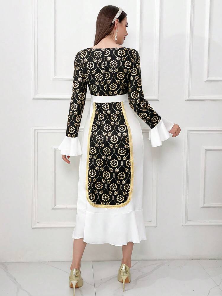 Women's Gold Foil Floral Print Bell Sleeve Dress