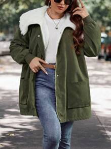 SHEIN LUNE Hơn Cổ áo Borg Túi Kép Thả vai Lót Teddy Áo khoác vải nhung - xanh quân đội - Xem 1