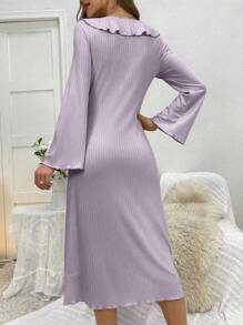 Ruffle Trimmed Button Front Sleep Dress Pajama Dress With Flared Sleeves - Purple - View 2