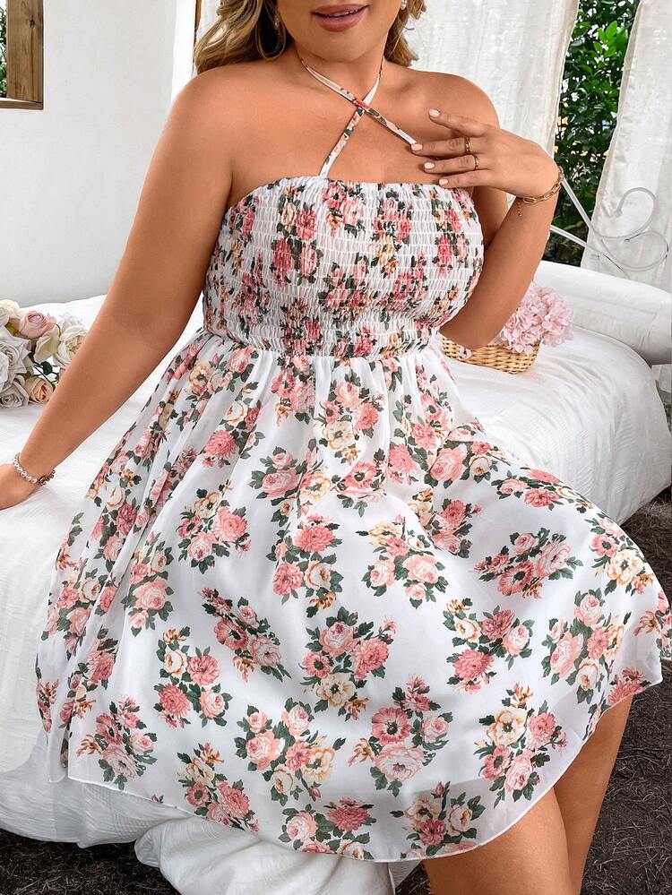 Plus Size Floral Print Halter Neck Swing Dress