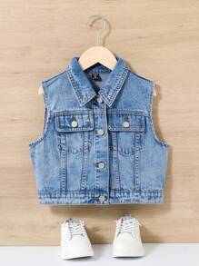 SHEIN Tween Girl's Y2K Spring Summer  Boho Water Wash Casual Fashionable College Style Sleeveless Denim Jacket