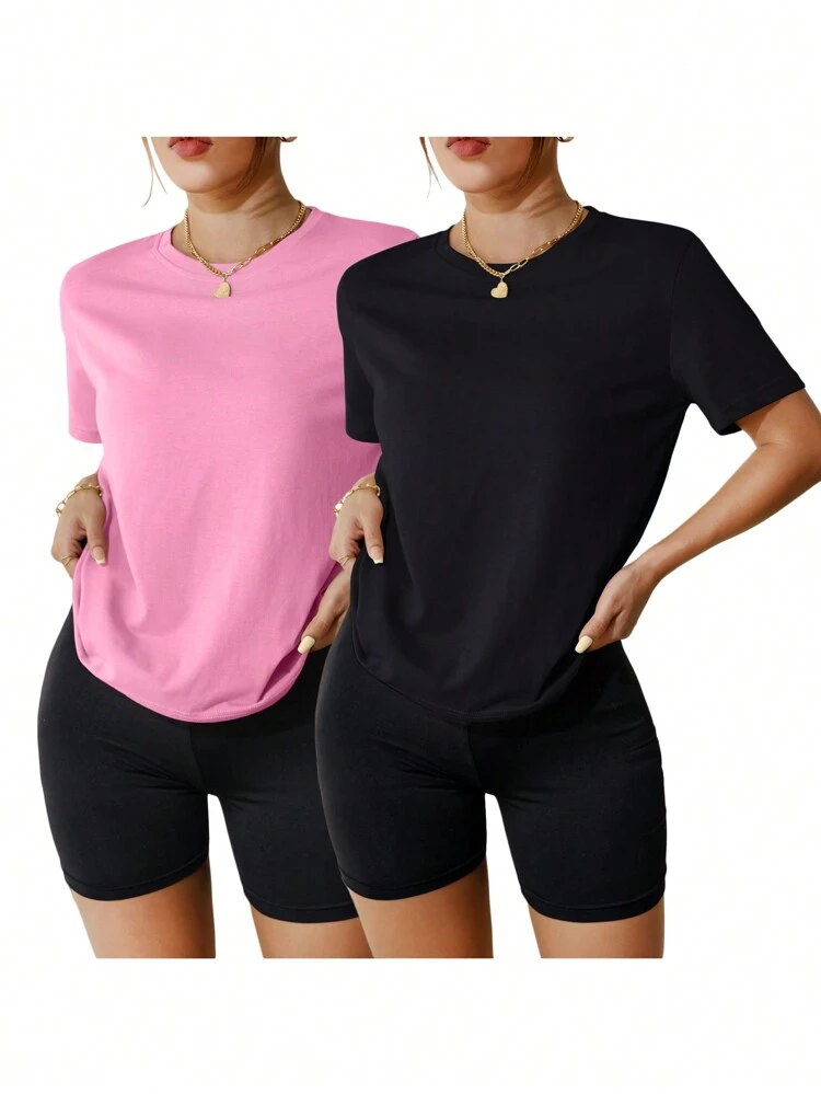 Ladies' Solid Color Crop Top & Tight Shorts Two Pieces Set