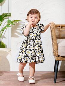 SHEIN Baby Girl Summer Holiday Casual Floral Print Ruffle Trim Bubble Sleeve Dress - Green - View 4