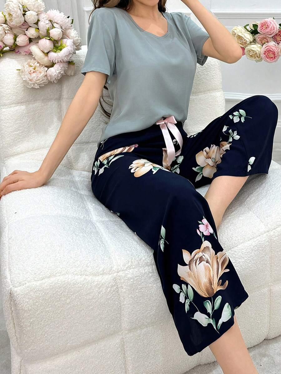 纯色圆领上衣和花朵印花裤睡衣套装，舒适优雅，适合秋季 - 彩色 - 查看 1