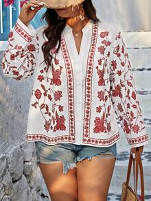 SHEIN Holidaya 大尺碼隨機印花凹口領襯衫 - 紅色 - 查看 5