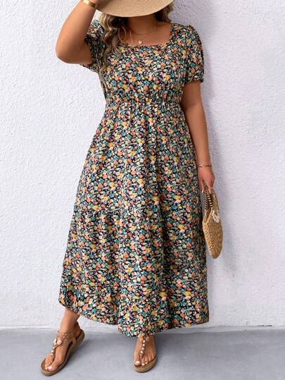 EMERY ROSE Plus Size Women's Floral Print Square Neckline Summer Dress With Cinched Waist Maxi Women Outfit