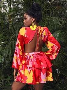 Slaydiva Flower Print Hollow Out Dress - Multicolor - View 7