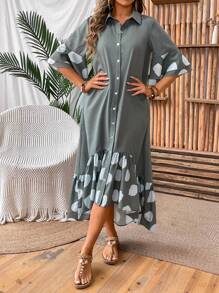 SHEIN LUNE Ladies' Polka Dot Printed Ruffle Sleeve Dress - Green - View 5