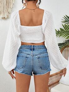 SHEIN VCAY 女式甜心領口荷葉邊燈籠袖上衣 - 白色 - 查看 2