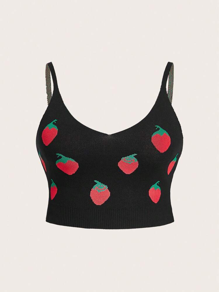 Plus Size Music Festival Strawberry Pattern Cropped Knit Top