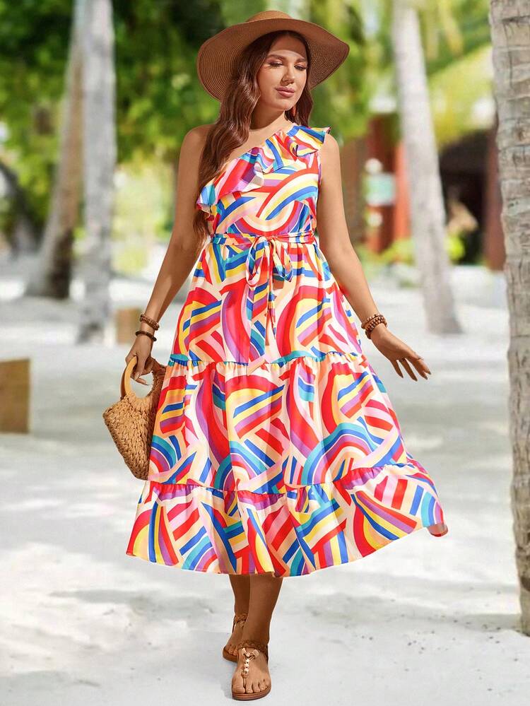 Plus Size Floral Print One-Shoulder Ruffle Trim Decorated Dress