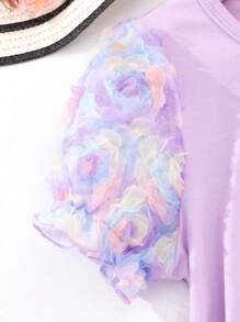 SHEIN Camiseta púrpura de cuello redondo para niña preadolescente con mangas abullonadas de flores 3D - Morado - Ver 4