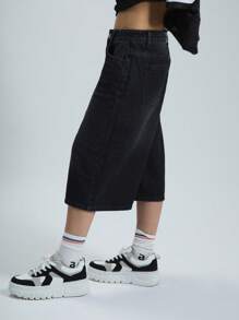 MUSERA 长款宽松牛仔短裤，Y2K风格，90年代春季可爱夏季布鲁克林高地演唱会假日街头风返校冬季款 - 黑色 - 查看 4