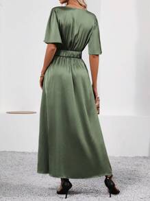 SHEIN Clasi Women's Solid Color High Slit & Waist Cinching Dress - Green - View 2