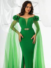 Fashionable And Vintage Style Gathered Waist, Fish-Tail, Slit, And Mesh Spliced Evening Dress - Green - View 5