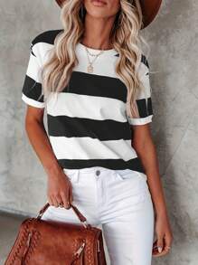 Women's Striped Printed Round Neck Short Sleeve Casual T-Shirt Summer Outfits For Women,Leisurely Tops For Women Summer Clothes