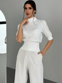 Firerie 女性白色t恤,腰部集褶和泡泡袖,出遊時優雅的穿搭 - 白色 - 查看 4