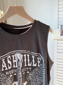 Comfortcana Women's Music Festival Guitar & Letter Print Crop Tank Top - Grey - View 3