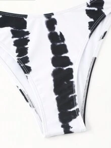 SHEIN Swim 女士扎染印花抽绳褶皱高开叉比基尼套装，比基尼套装泳装泳衣沙滩装夏季度假夏日海滩 - 白色 - 查看 5