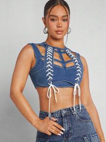 Denimoi Contrast Lace Up Grid Crop Denim Top - White - View 6