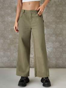 SHEIN EZwear 純色拼貼細節拉鍊門襟寬褲 - 軍綠色 - 查看 1