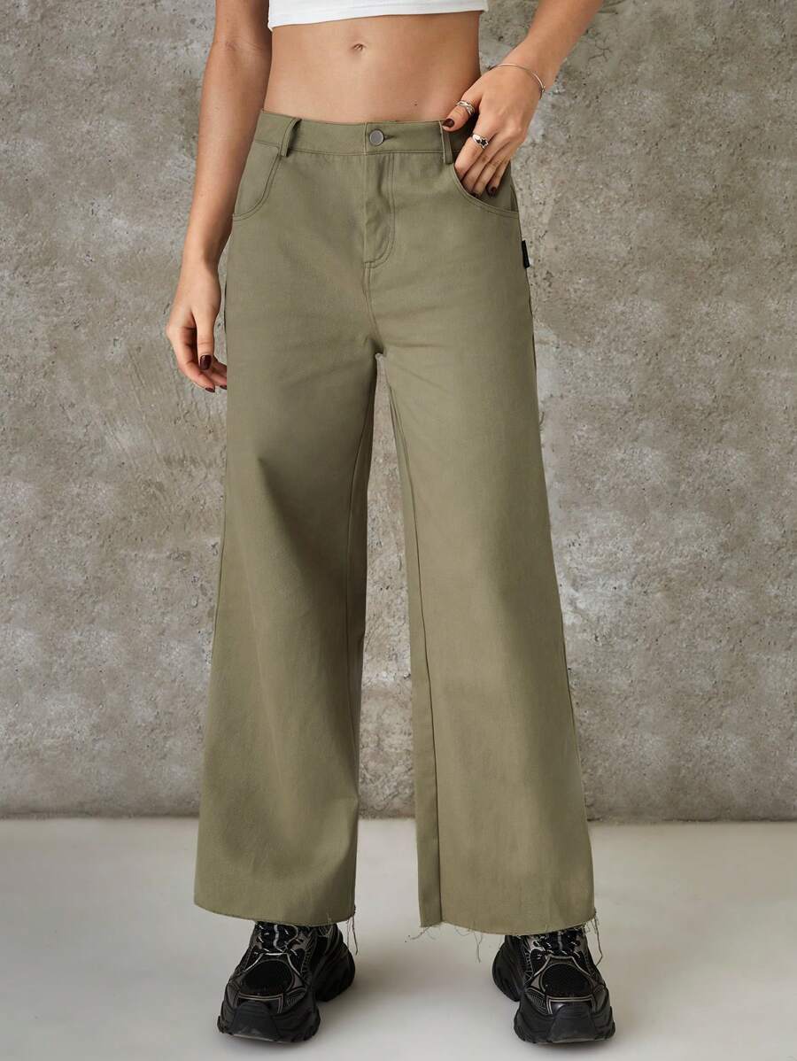 SHEIN EZwear 純色拼貼細節拉鍊門襟寬褲 - 軍綠色 - 查看 1