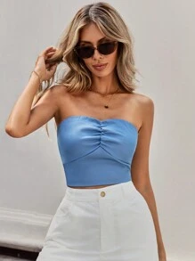GENKIRA Top Denim Senza Spalline Con Volant Per Donne - Blu lavato medio - Visualizzare 3