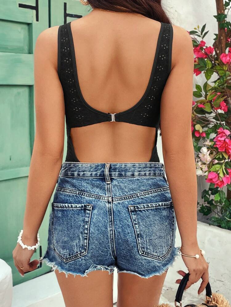 Summer  Ladies' Solid Color Cross Front Bodysuit Black Casual