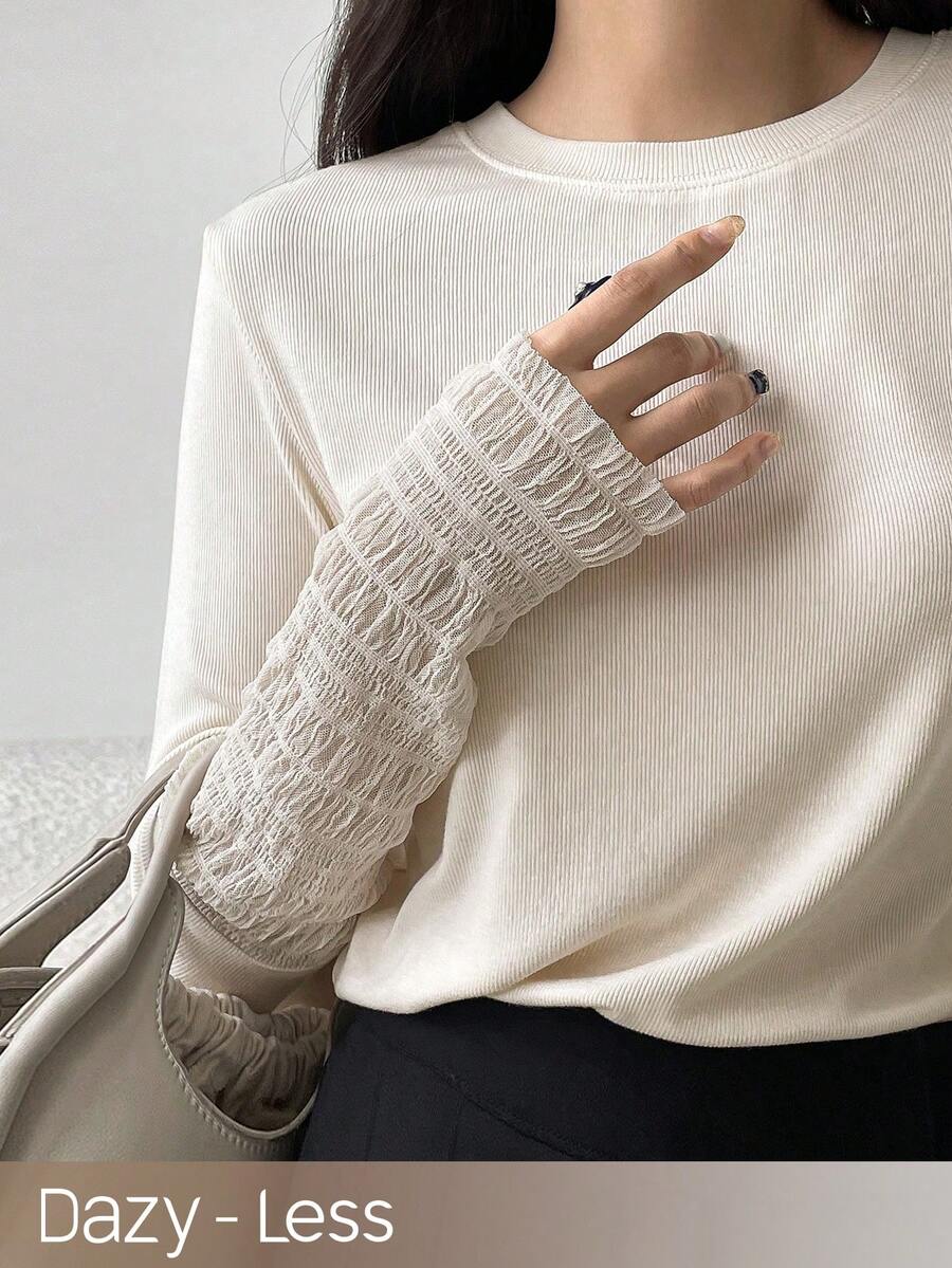 DAZY Ren Vá lại Tay áo dài Áo thun - Màu be - Xem 1