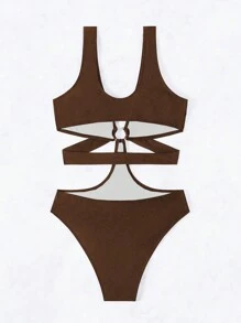 SHEIN Swim Women's Solid Color Cut Out One-Piece Swimsuit Bathing Suit For Swimming, Vacation, Summer Beach - Coffee Brown - View 4