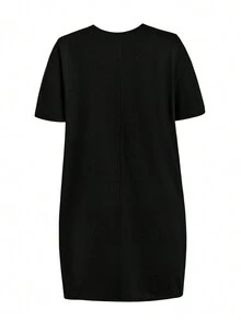 Flirla Plus Size Balloon Printed Short Sleeve T-Shirt Dress - Black - View 2