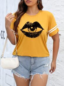 Calvaya Camiseta De Manga Corta De Talla Grande Con Impresión De Ojos Y Labios