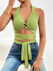 SHEIN Unity Của phụ nữ Xu hướng: Cắt giảm Halter Neck Áo ba lỗ - màu xanh lá - Xem 6