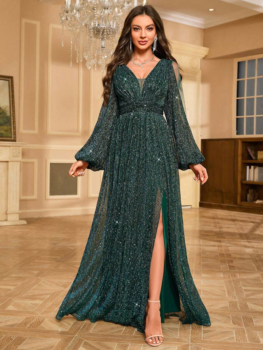 V领闪亮亮片灯笼袖开叉正式派对礼服婚礼宾客礼服晚礼服 - 墨綠色 - 查看 1