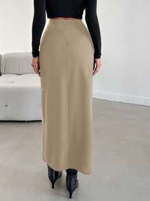 EURMUSE Solid Color Slit Hem Casual Skirt - Beige - View 2
