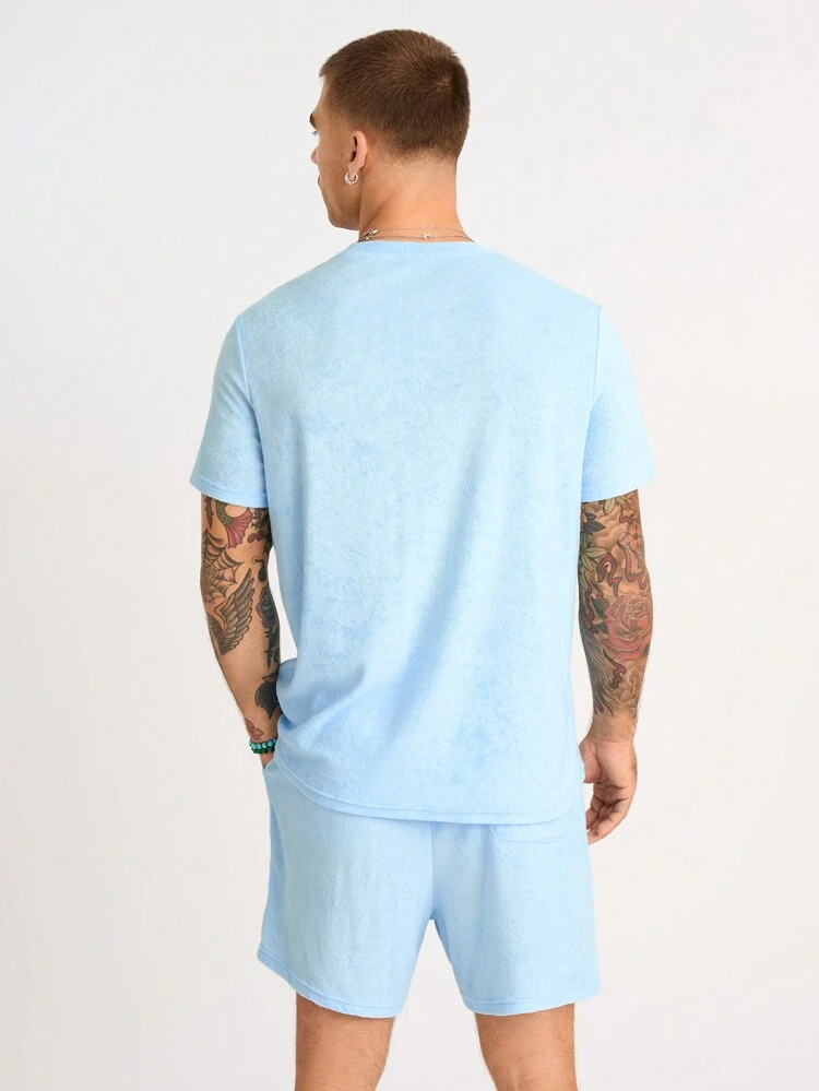 Men's Towel Casual Blue Short-Sleeved T-Shirt Shorts Two-Piece Set